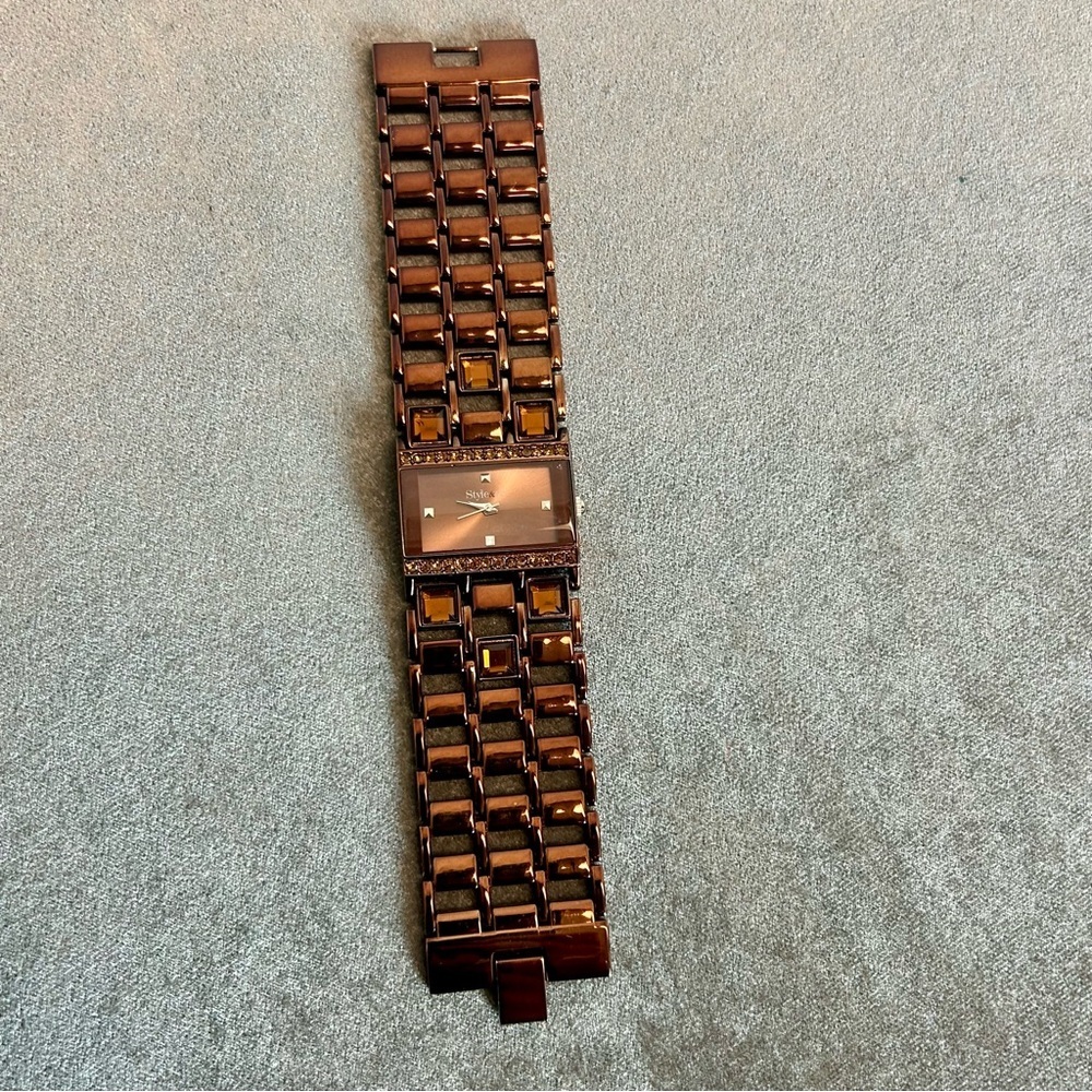 Style & Co. Bronze Amber Crystal rhinestone rectangular watch